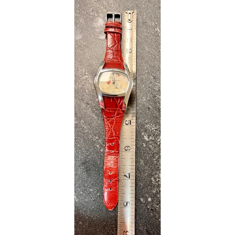 Diane Balit Hand Painted‎ Red Leather Bon Voyage Watch New Battery